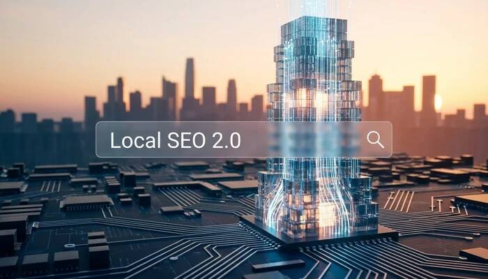 Futurystyczna wizualizacja strategii Local SEO 2.0 w Rzeszowie, przedstawiająca cyfrową architekturę miasta i nowoczesną technologię wyszukiwania AI w 2026 roku