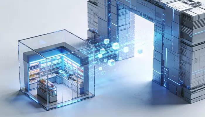 Izometryczna wizualizacja migracji danych ze sklepu na platformie do dedykowanego systemu e-commerce