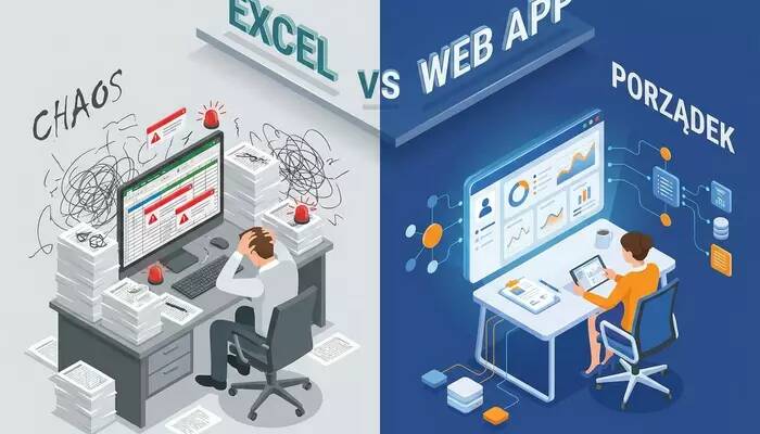 Infografika porównująca chaos operacyjny w plikach Excel z uporządkowanymi, zautomatyzowanymi procesami w dedykowanej aplikacji webowej