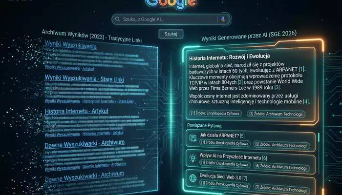 Ewolucja wyników wyszukiwania Google w 2026 roku: od tradycyjnych linków do odpowiedzi generowanych przez AI w modelu SGE