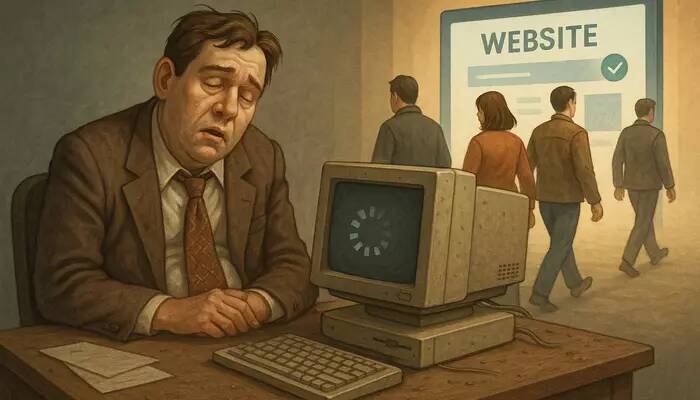 Postać w starym, niemodnym garniturze, która symbolizuje przestarzałą stronę internetową budzącą brak zaufania i wymagającą redesignu.