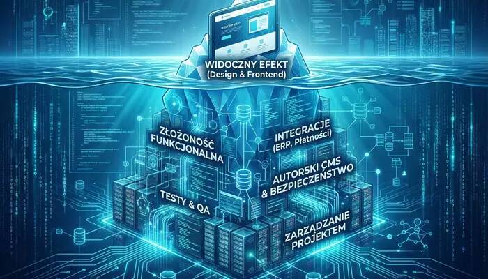 Infografika góra lodowa kosztów projektu WWW – widoczny design vs ukryte prace programistyczne, integracje i autorski CMS