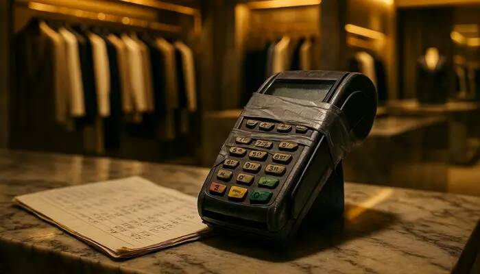 Zbliżenie na stary, zepsuty i sklejony taśmą terminal płatniczy z komunikatem 