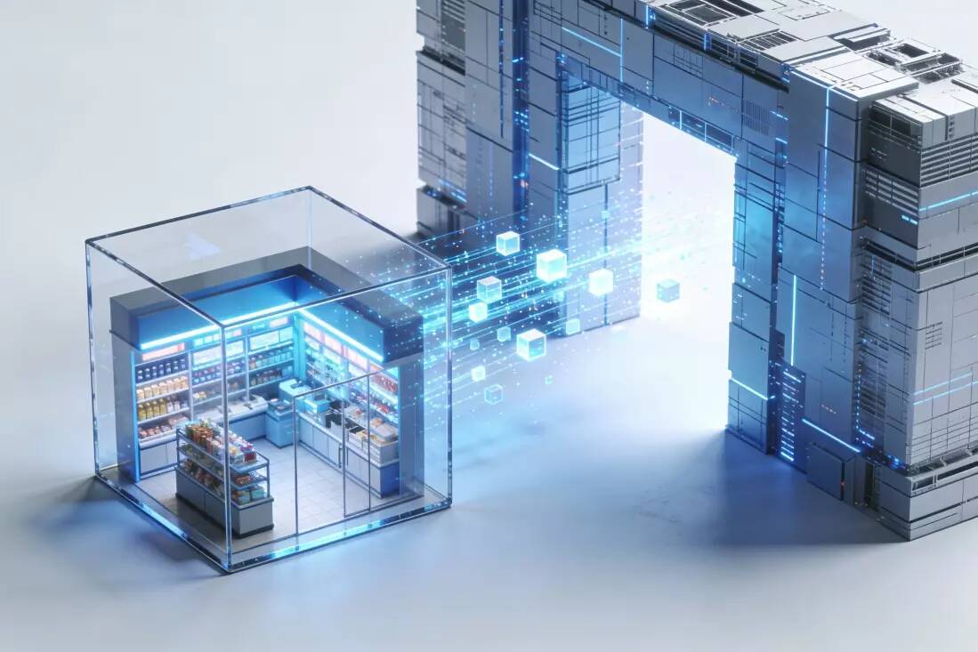 Izometryczna wizualizacja migracji danych ze sklepu na platformie do dedykowanego systemu e-commerce