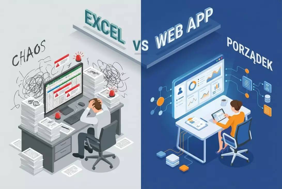 Infografika porównująca chaos operacyjny w plikach Excel z uporządkowanymi, zautomatyzowanymi procesami w dedykowanej aplikacji webowej