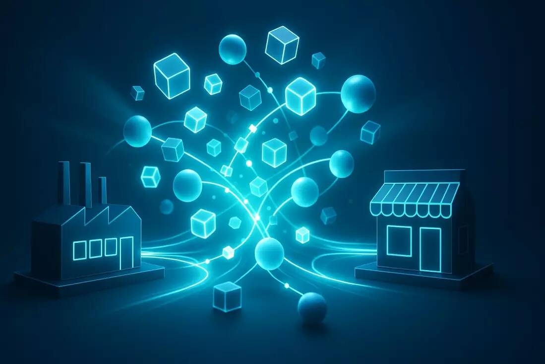 Kolaż ikon symbolizujących handel, ERP i automatyzację