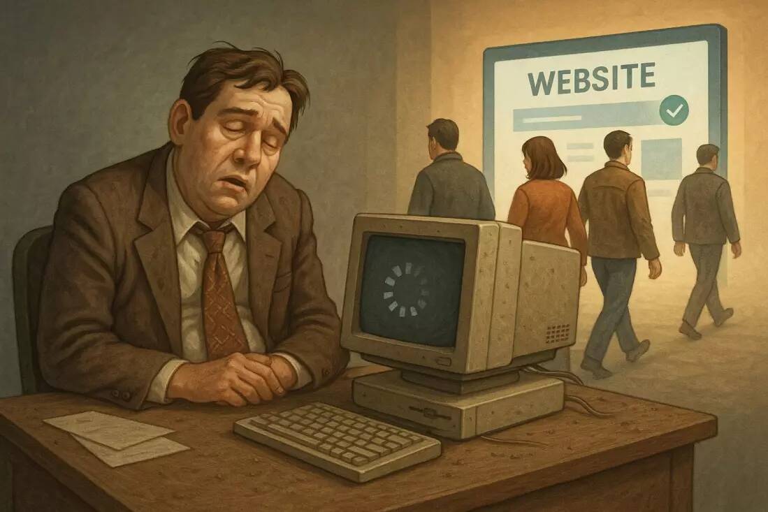 Postać w starym, niemodnym garniturze, która symbolizuje przestarzałą stronę internetową budzącą brak zaufania i wymagającą redesignu.