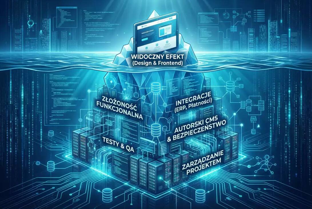 Infografika góra lodowa kosztów projektu WWW – widoczny design vs ukryte prace programistyczne, integracje i autorski CMS