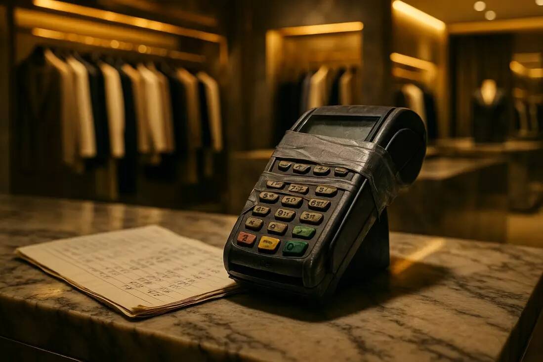 Zbliżenie na stary, zepsuty i sklejony taśmą terminal płatniczy z komunikatem 