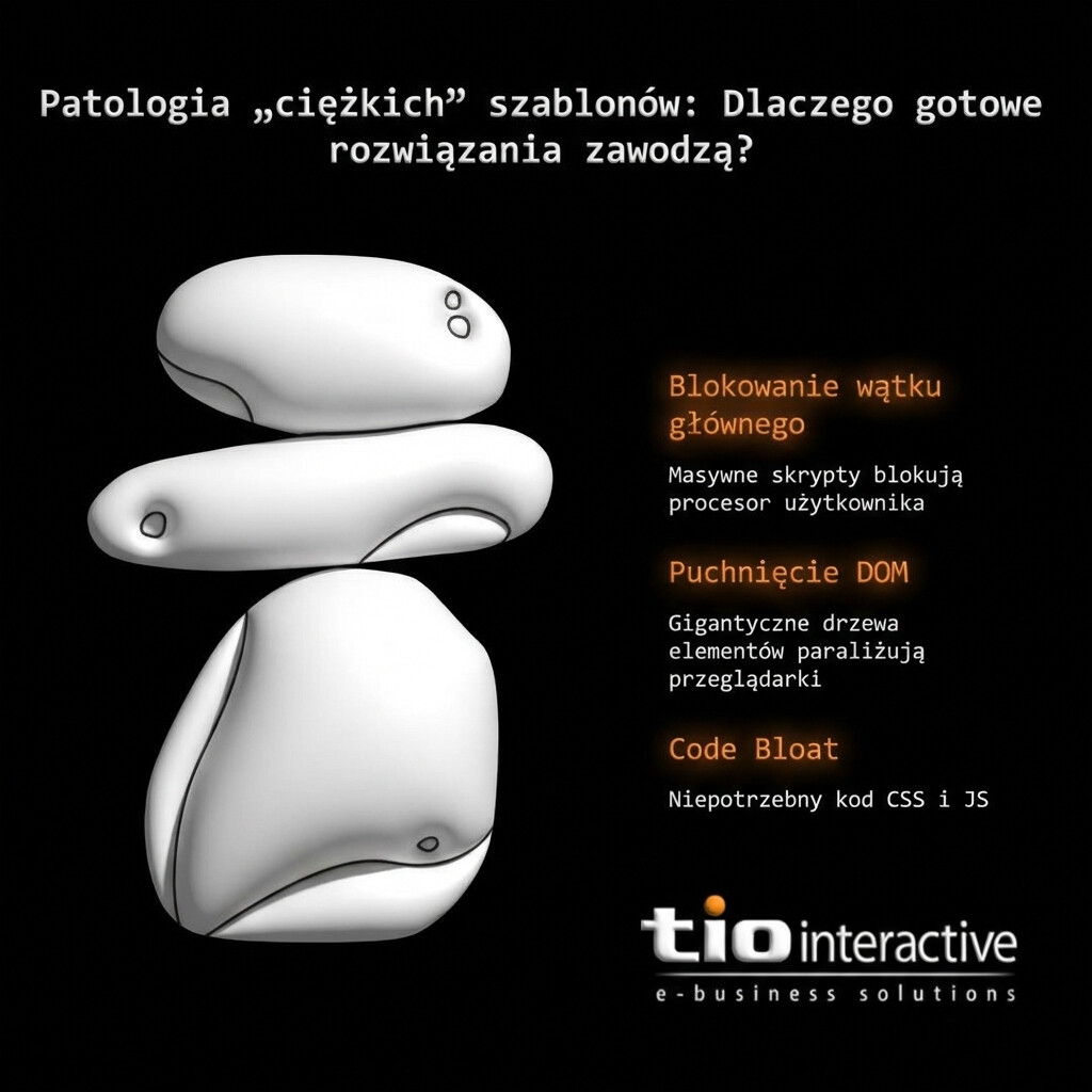 Infografika TiOinteractive pt. 'Patologia ciężkich szablonów', ilustrująca trzy główne przyczyny wolnego działania stron: blokowanie wątku głównego przez masywne skrypty, puchnięcie struktury DOM (zbyt duże drzewa elementów) oraz code bloat, czyli niepotrzebny kod CSS i JS. Metaforyczny stos kamieni symbolizuje ociężałość gotowych rozwiązań